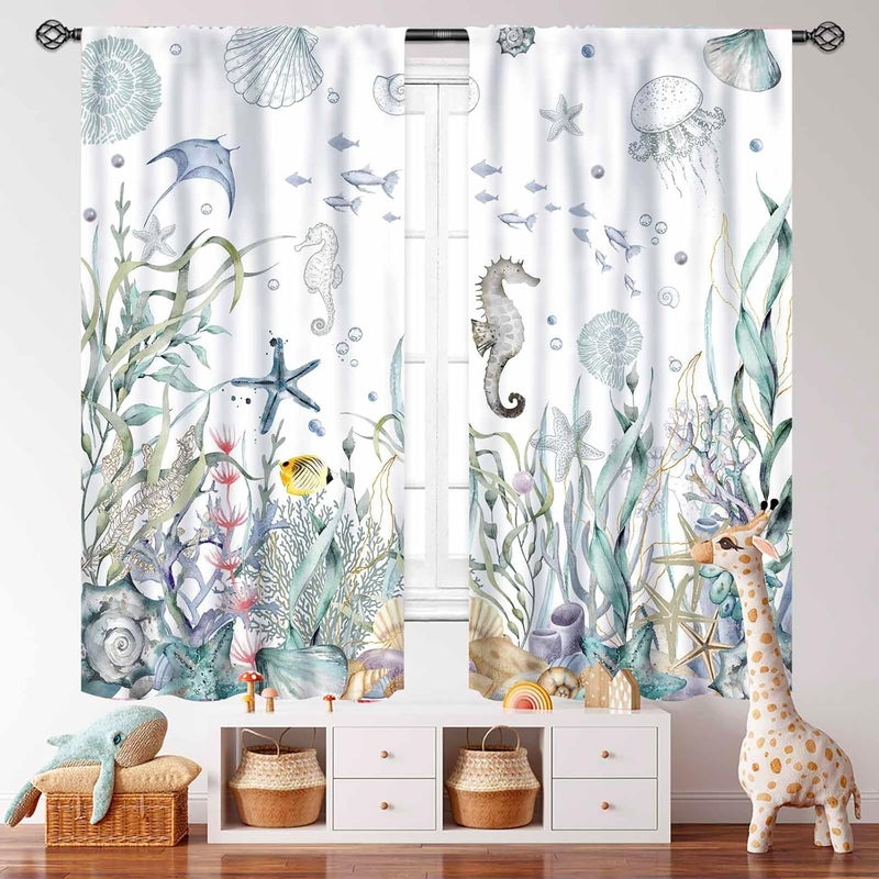 Lnepty Nautical Beach Curtains,Coastal Seahorse Undersea Animal Blue Bedroom Kids Room Drapes Treatments,Ocean Coral Summer Living Room Bathroom Window Curtains 2 Piece Set,42X63 Inch - Image 5
